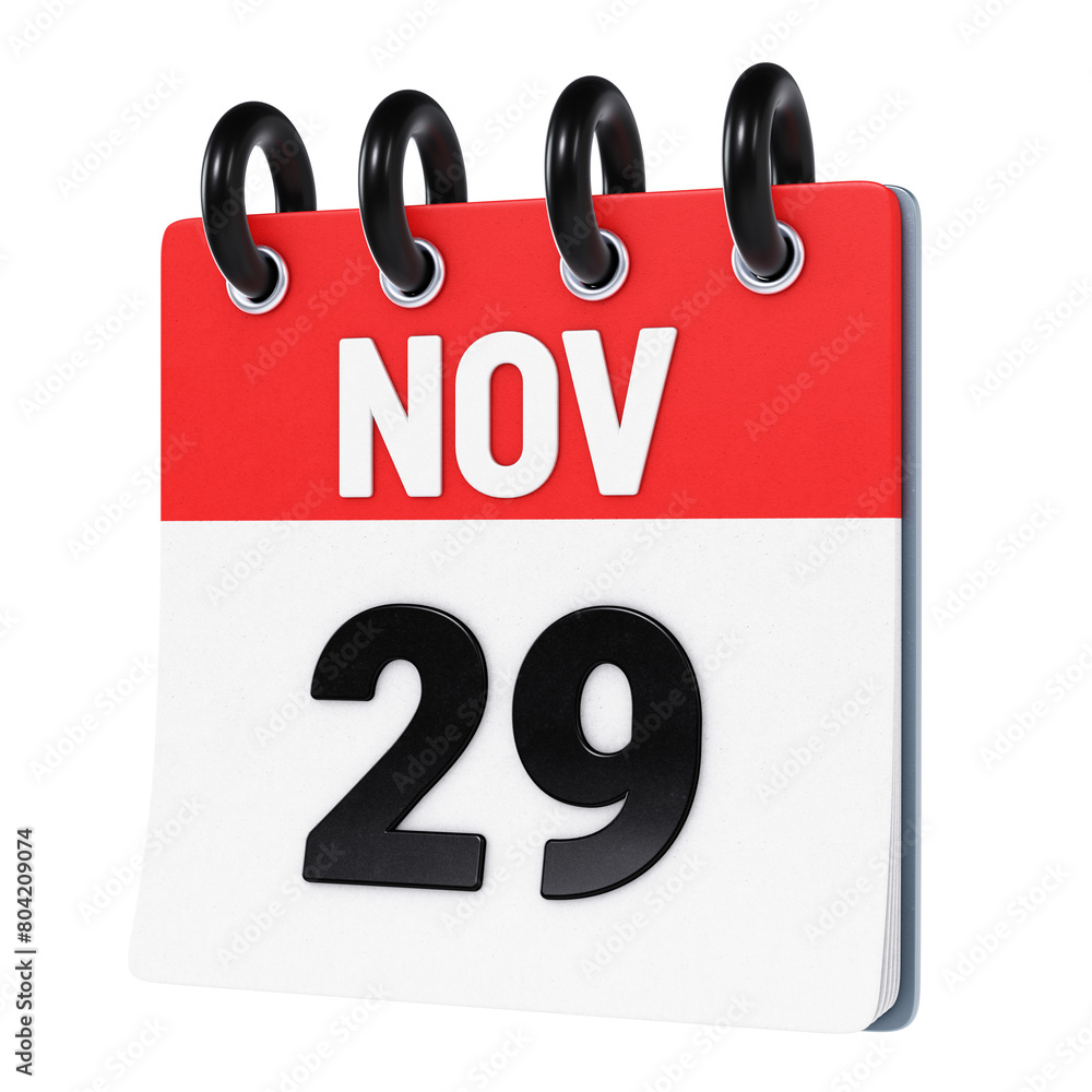 November 29 date displayed on stylized three-dimensional flip calendar icon isolated on transparent background. 3D rendering November 29 date displayed on stylized three-dimensional flip calendar icon isolated on transparent background. 3D rendering