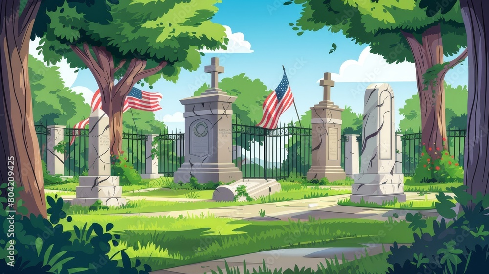 A summerday at a national cemetery with USA flags displayed near graves ...