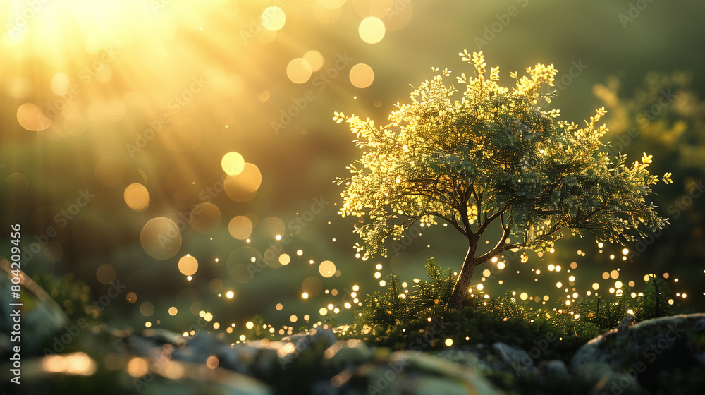 a budding tree illuminated by the soft morning sunlight, with bokeh lights dancing in the background, evoking a sense of harmony between the digital realm and the beauty of the natural world.
