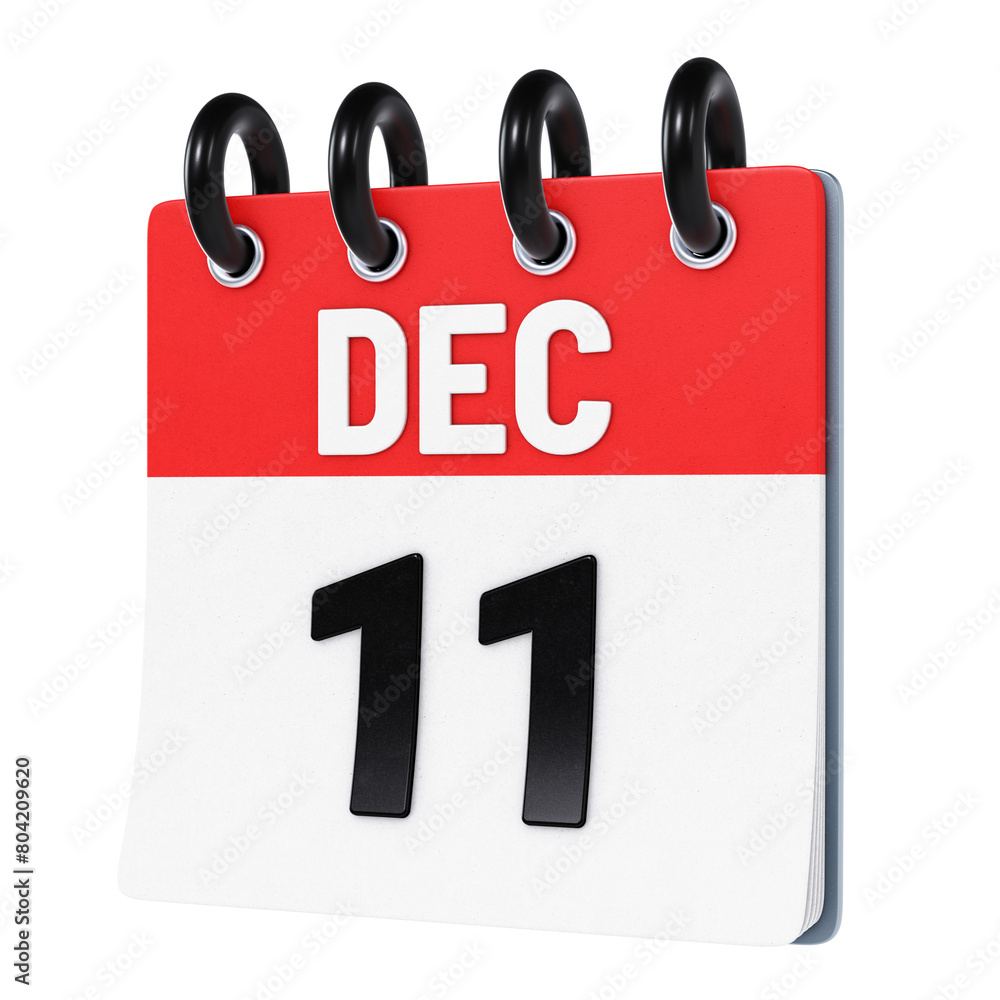 December 11 date displayed on stylized three-dimensional flip calendar icon isolated on transparent background. 3D rendering December 11 date displayed on stylized three-dimensional flip calendar icon isolated on transparent background. 3D rendering