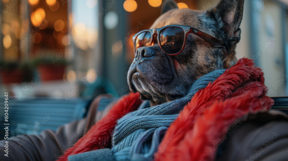 A stylish French Bulldog in sunglasses and a vibrant red scarf sits outdoors, exuding cool vibes. A stylish French Bulldog in sunglasses and a vibrant red scarf sits outdoors, exuding cool vibes.