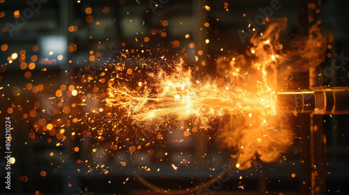 Dynamic image of sparks flying during a metalworking process in a dark industrial environment.