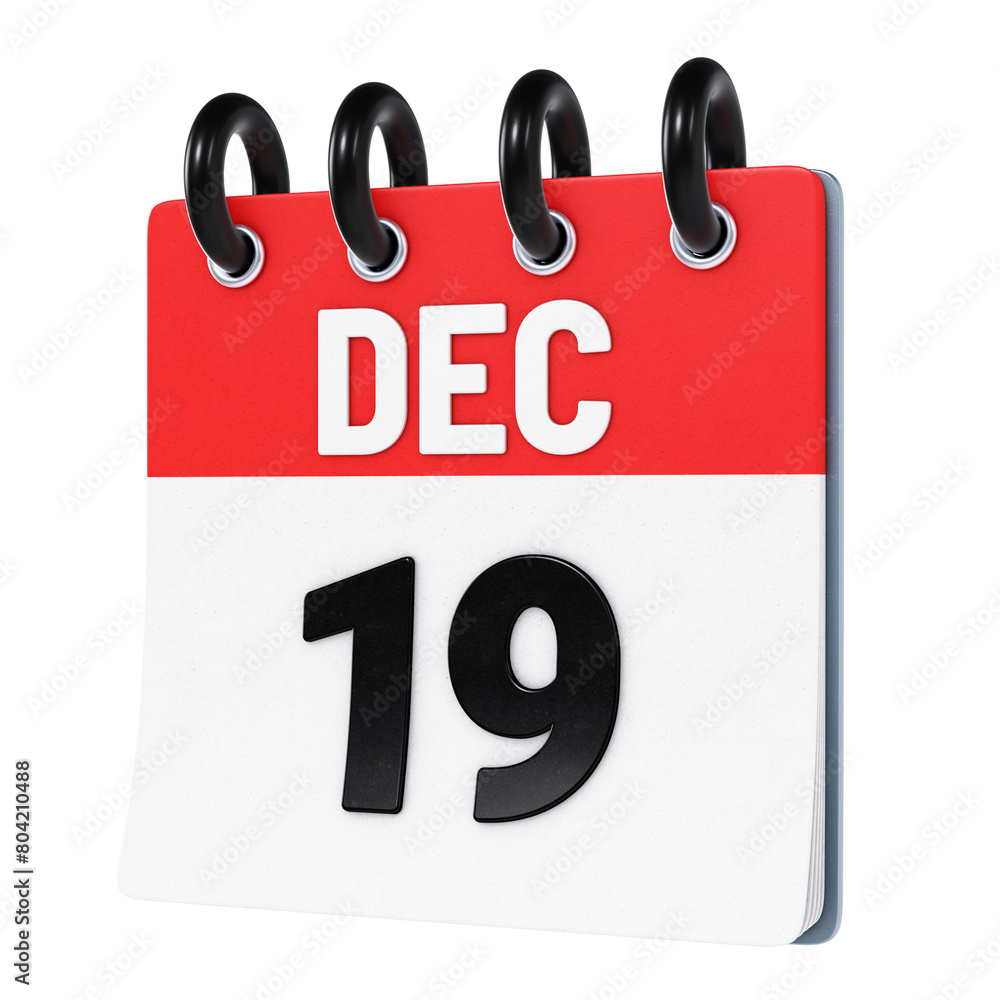 December 19 date displayed on stylized three-dimensional flip calendar icon isolated on transparent background. 3D rendering December 19 date displayed on stylized three-dimensional flip calendar icon isolated on transparent background. 3D rendering
