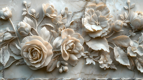 3D carved from marble flowers and leaves on the background photo