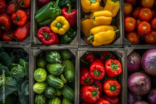 Colorful assortment of fresh vegetables neatly packed in boxes at a market