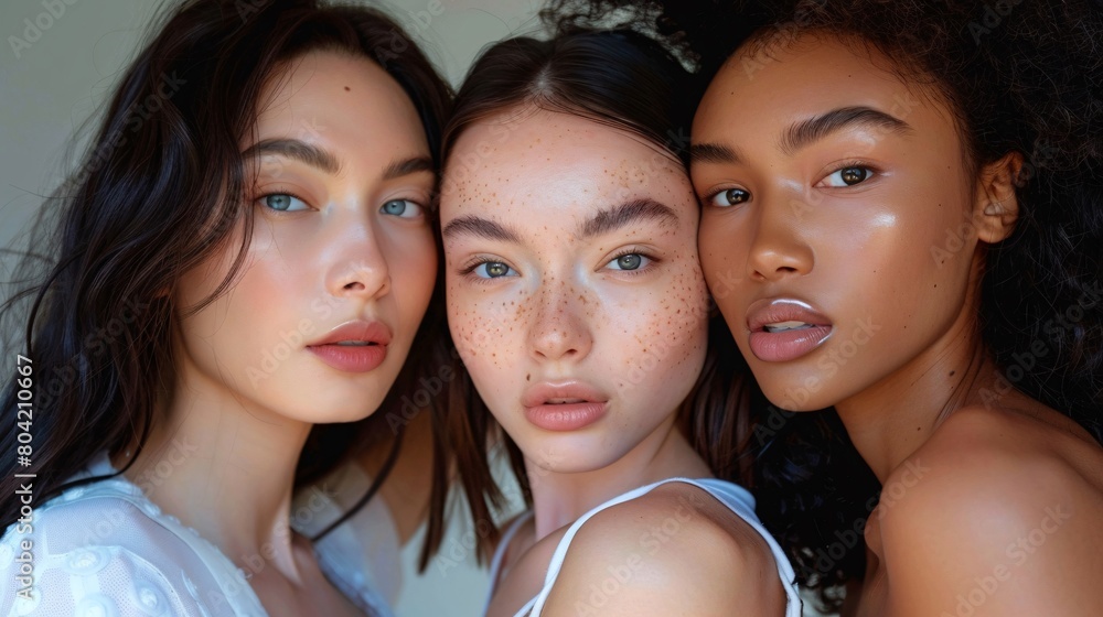 Three women with different skin tones and features are posing for a photo Three women with different skin tones and features are posing for a photo