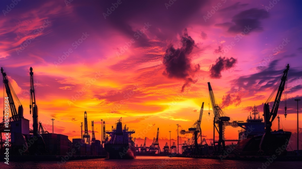 A panoramic vista of a port city during a vibrant sunset, with the sky ablaze in shades of orange and purple