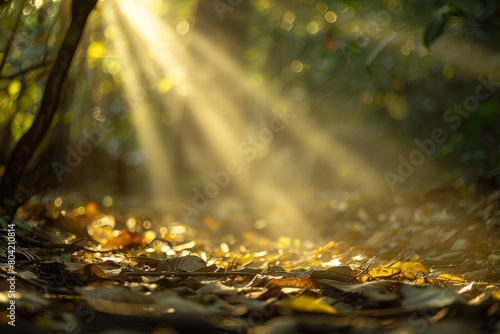Golden sunlight shining through green leaves in a dense forest, creating a mesmerizing dappled pattern on the forest floor