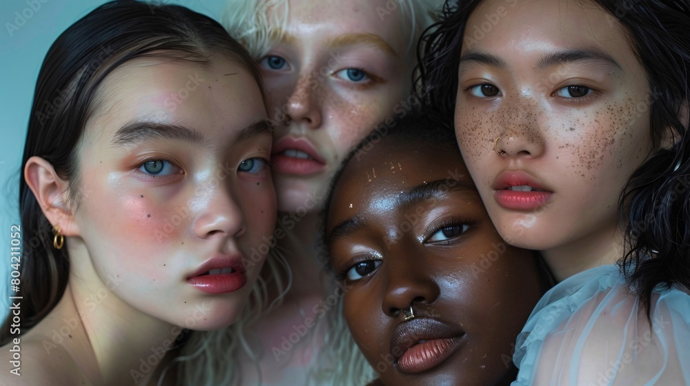 Four women with different hair colors and skin tones are posing for a photo Four women with different hair colors and skin tones are posing for a photo