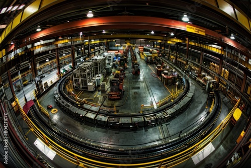 Overhead view of a warehouse with a train on the tracks  showing industrial operations in progress