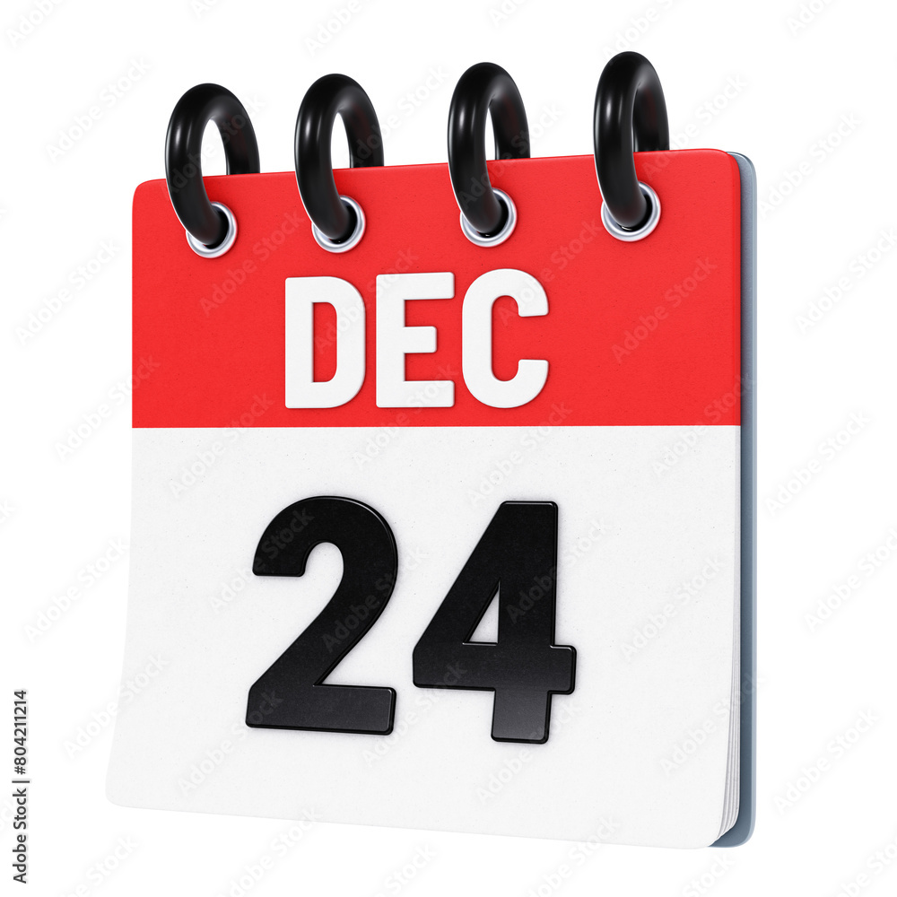 December 24 date displayed on stylized three-dimensional flip calendar icon isolated on transparent background. 3D rendering December 24 date displayed on stylized three-dimensional flip calendar icon isolated on transparent background. 3D rendering
