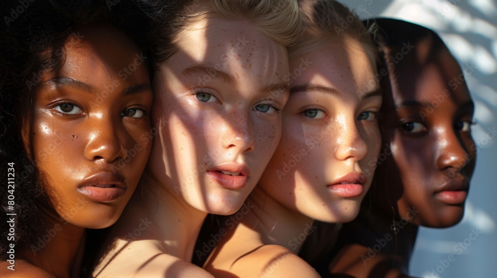 Four women with different hair colors and skin tones are posing for a photo Four women with different hair colors and skin tones are posing for a photo
