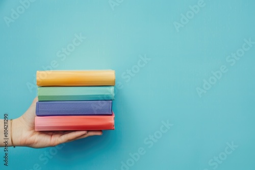 Hand holding stack colorful books on blue background.