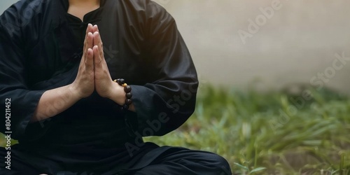 Person in black meditation attire seated cross-legged on grass, hands in a prayer position, highlighting a moment of peace and mindfulness in a serene natural setting. 