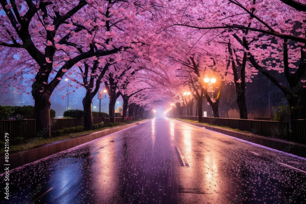 Drive through a cherry blossom-lined street at night. Drive through a cherry blossom-lined street at night.