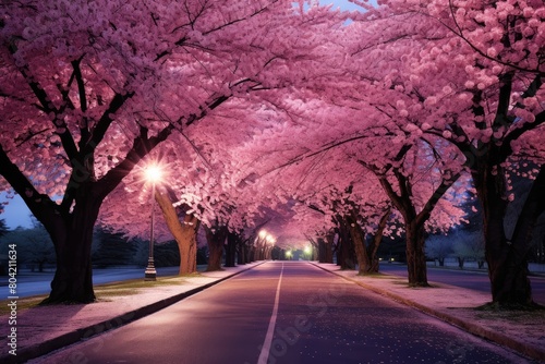 Drive through a cherry blossom-lined street at night.