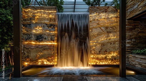 Fototapeta Naklejka Na Ścianę i Meble -  An entrance with a cascading waterfall feature and backlit onyx walls