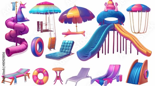Modern illustration of extreme spiral water slides, an inflatable unicorn, a colorful umbrella, and a chaise lounge. Summer beach elements. © Mark