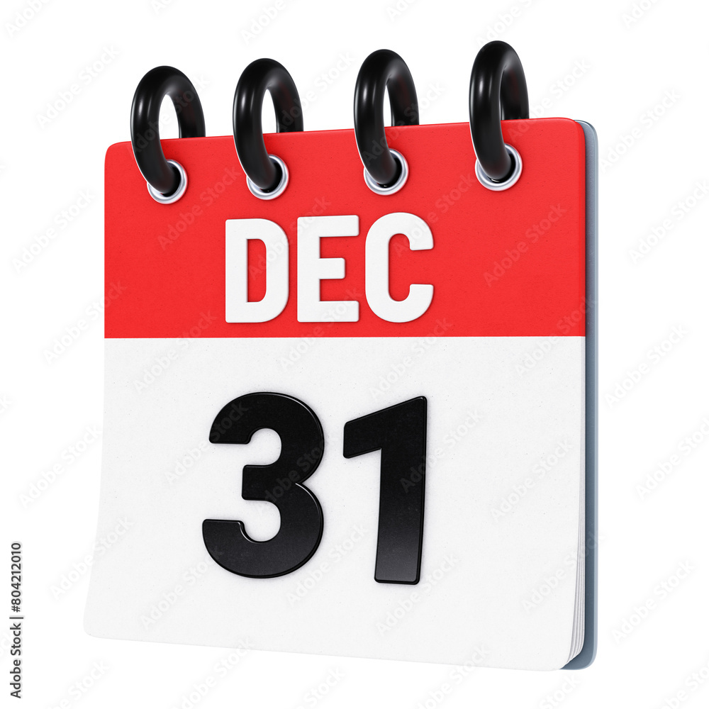 December 31 date displayed on stylized three-dimensional flip calendar icon isolated on transparent background. 3D rendering December 31 date displayed on stylized three-dimensional flip calendar icon isolated on transparent background. 3D rendering