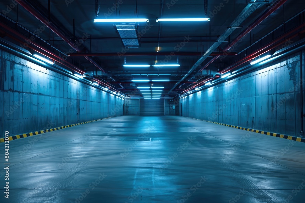 empty underground parking lot with neon lights