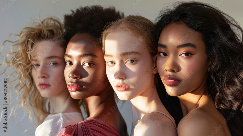 Four women with different hair colors and skin tones are posing for a photo