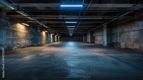 empty underground parking lot with neon lights