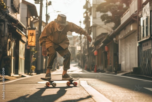 An old man skillfully rides a skateboard down a street with a nostalgic vibe
