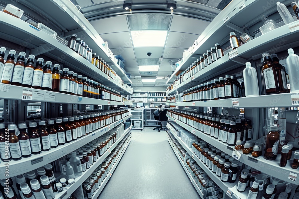 A large room filled with numerous bottles of liquid arranged on shelves, creating a laboratory setup with scientific equipment