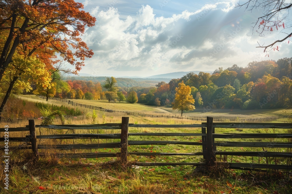 A wooden fence stands in a grassy field with trees in the background under a serene autumn sky