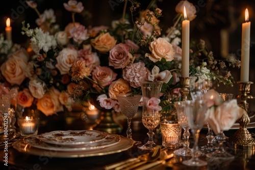 A table adorned with an abundance of flowers and flickering candles  creating a romantic ambiance