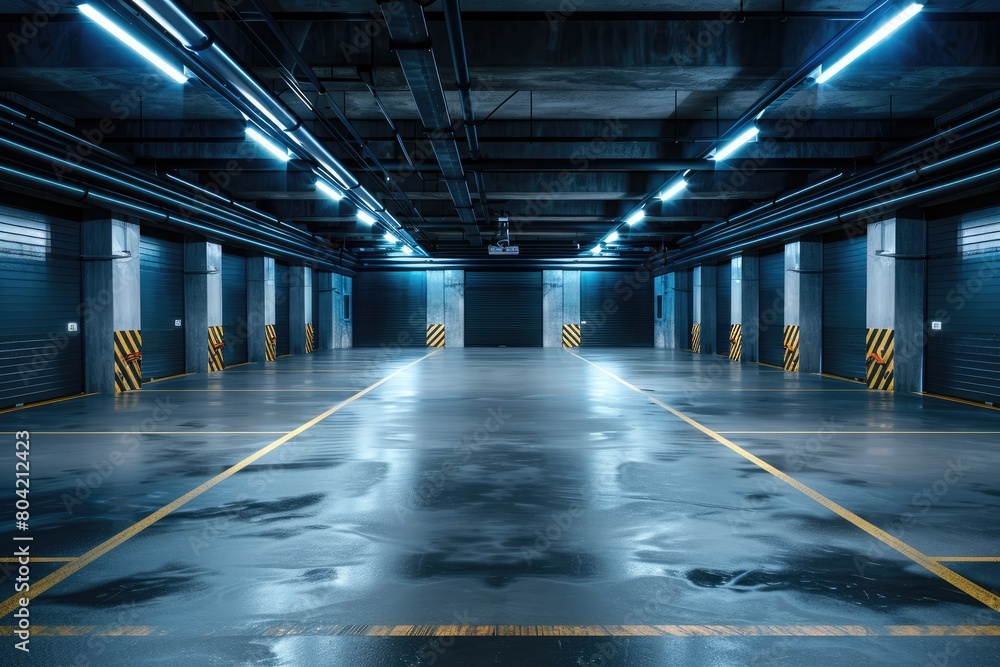 empty underground parking lot with neon lights empty underground parking lot with neon lights