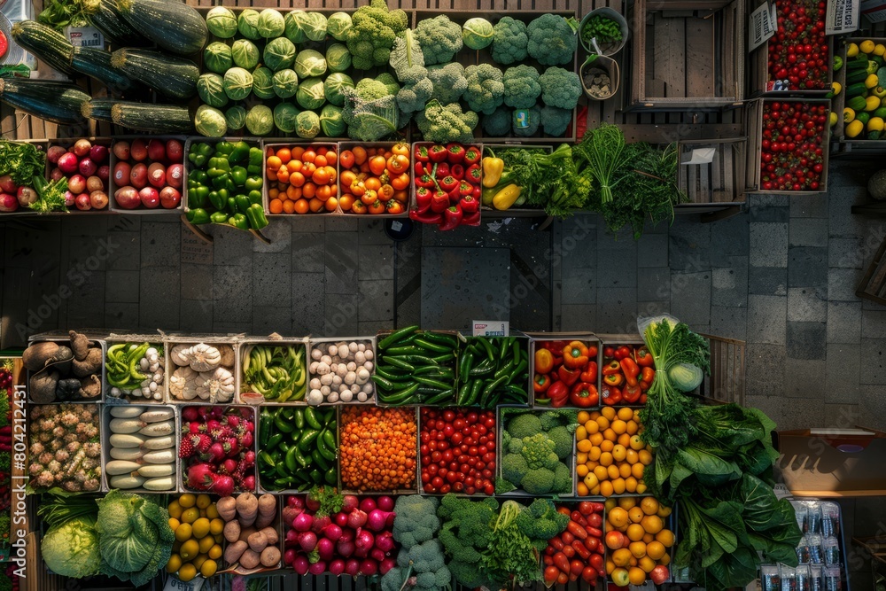 A top-down view of a bustling market display filled with a variety of fresh fruits and vegetables neatly arranged in wooden crates