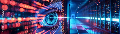 A digital eye surveys a neonlit server farm