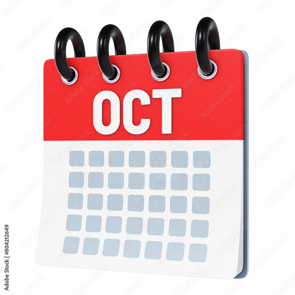 Month of October on stylized three-dimensional flip calendar icon isolated on transparent background. 3D rendering Month of October on stylized three-dimensional flip calendar icon isolated on transparent background. 3D rendering