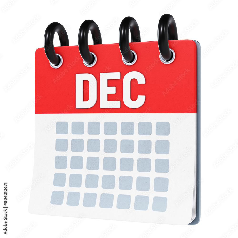 Month of December on stylized three-dimensional flip calendar icon isolated on transparent background. 3D rendering Month of December on stylized three-dimensional flip calendar icon isolated on transparent background. 3D rendering