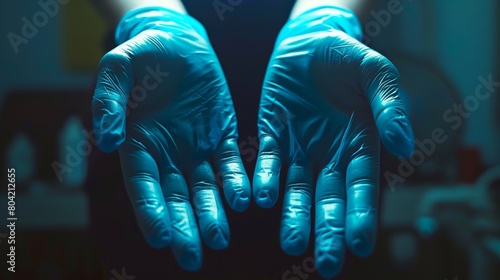 hands with blue latex gloves on isolated on a white background © Xabi