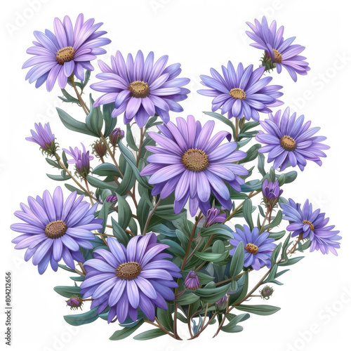 This illustration shows a dense group of purple daisies with detailed petals and green foliage.
