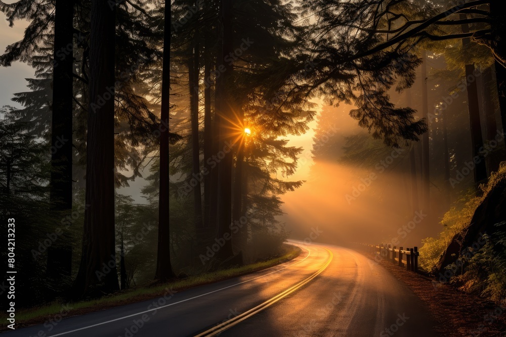 Fototapeta premium Sunrise drive with the first rays of light breaking through.