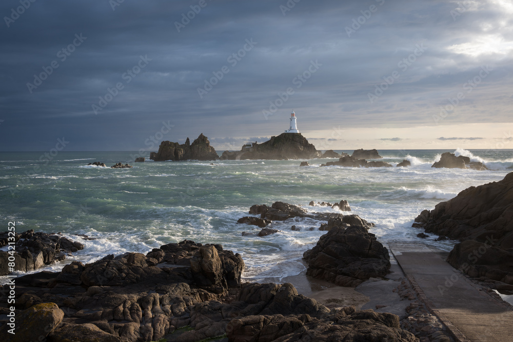 Corbiere lighthouse at high-tide on the island of Jersey, Channel Isalnds