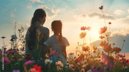 mother and her daughter looking at horizon, in the flower's garden. mother's day concept