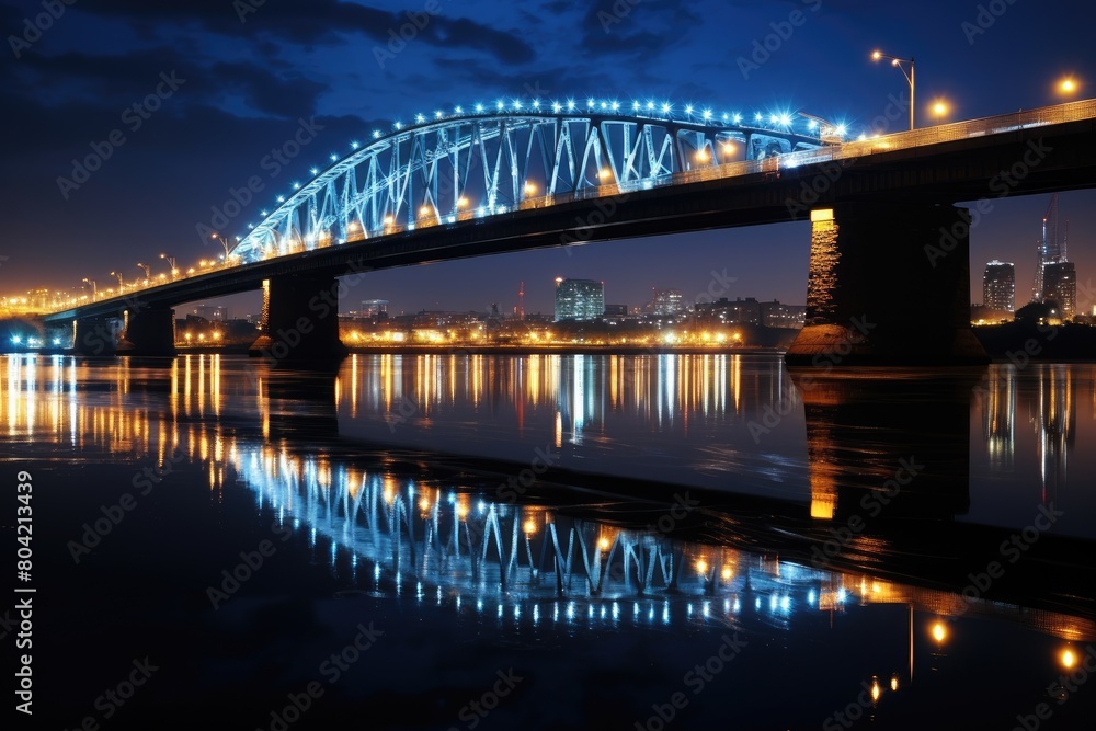 Naklejka premium Bridge over a river with reflections of city lights.