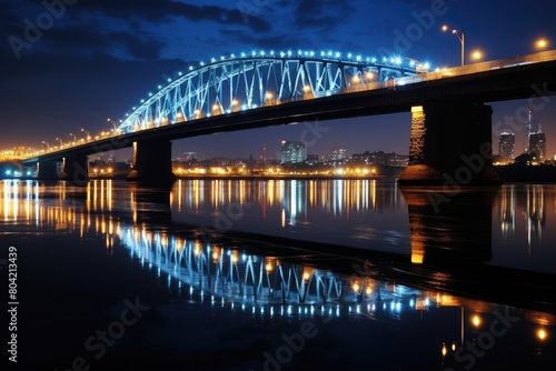 Bridge over a river with reflections of city lights.