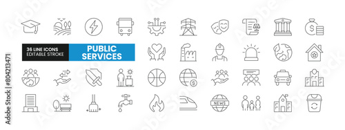 Set of 36 Public Services line icons set. Public Services outline icons with editable stroke collection. Includes Education, Transport, Energy, Trade, Sports, and More.