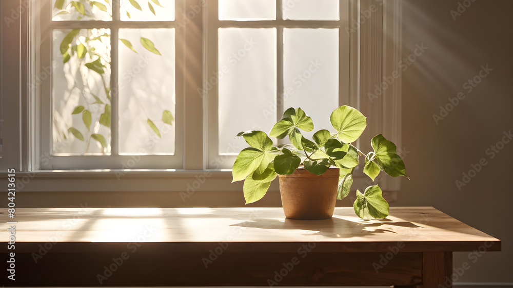 Wooden table with wall background on sunlight window create leaf shadow Wooden table with wall background on sunlight window create leaf shadow