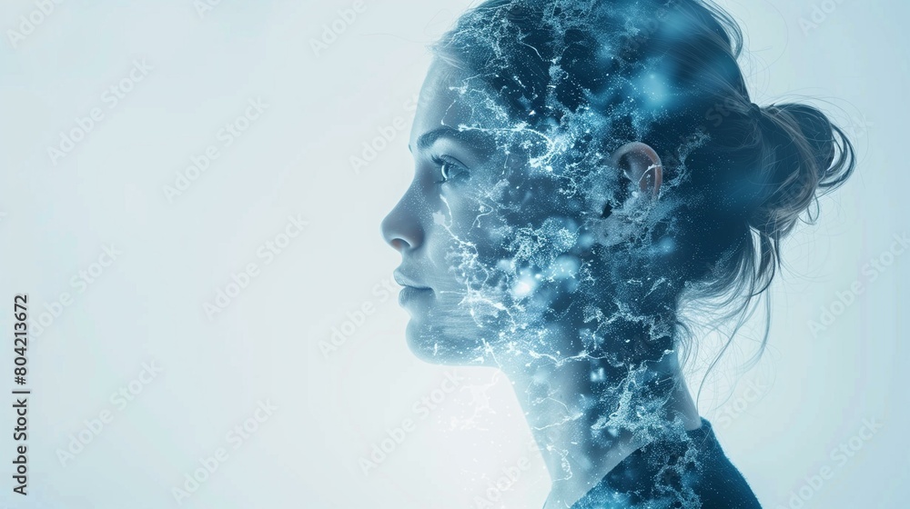 Double exposure biotechnology body, woman with glowing face and blue background, portrait water headshot transparent lifestyle Double exposure biotechnology body, woman with glowing face and blue background, portrait water headshot transparent lifestyle