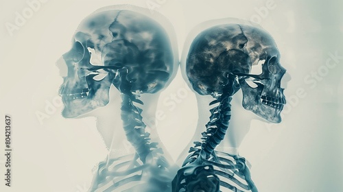 Double exposure body skeleton, human skeleton and human skull, physiology rib cage human neck medical x-ray surgery