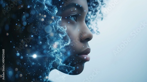 Double exposure biotechnology dna, young african american woman with curly hair and glowing face, face portrait beauty dark lifestyle