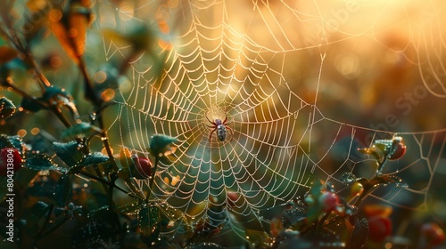 Spiders web in morning sunlight, plant trap danger decoration tree