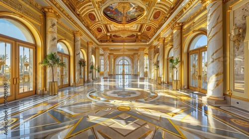 An opulent marble foyer with a hand-painted ceiling and golden accents © Aeman