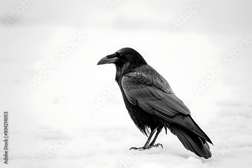 The stark contrast of a raven on a white field